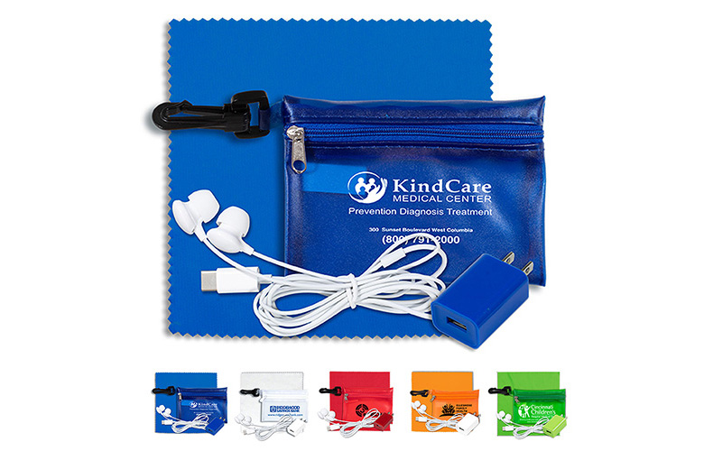Mobile Tech Accessory Kit in Translucent Carabiner Zipper Pouch Components inserted into Polyester Zipper Pouch Mobile Tech Accessory Kit in Translucent Carabiner Zipper Pouch Components inserted into Polyester Zipper Pouch